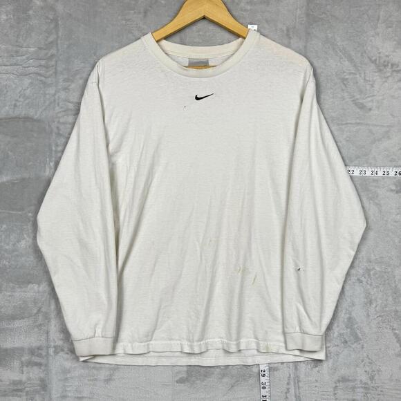 Vintage 90s Nike Center Swoosh White Long Sleeve T-Shirt Men Sz M Canada Made - Picture 1 of 11